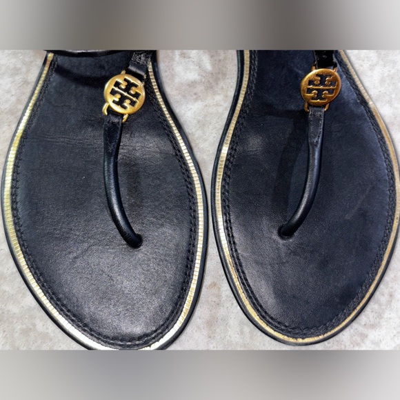 Tory Burch Black Sandals with Gold Trim - Picture 5 of 8